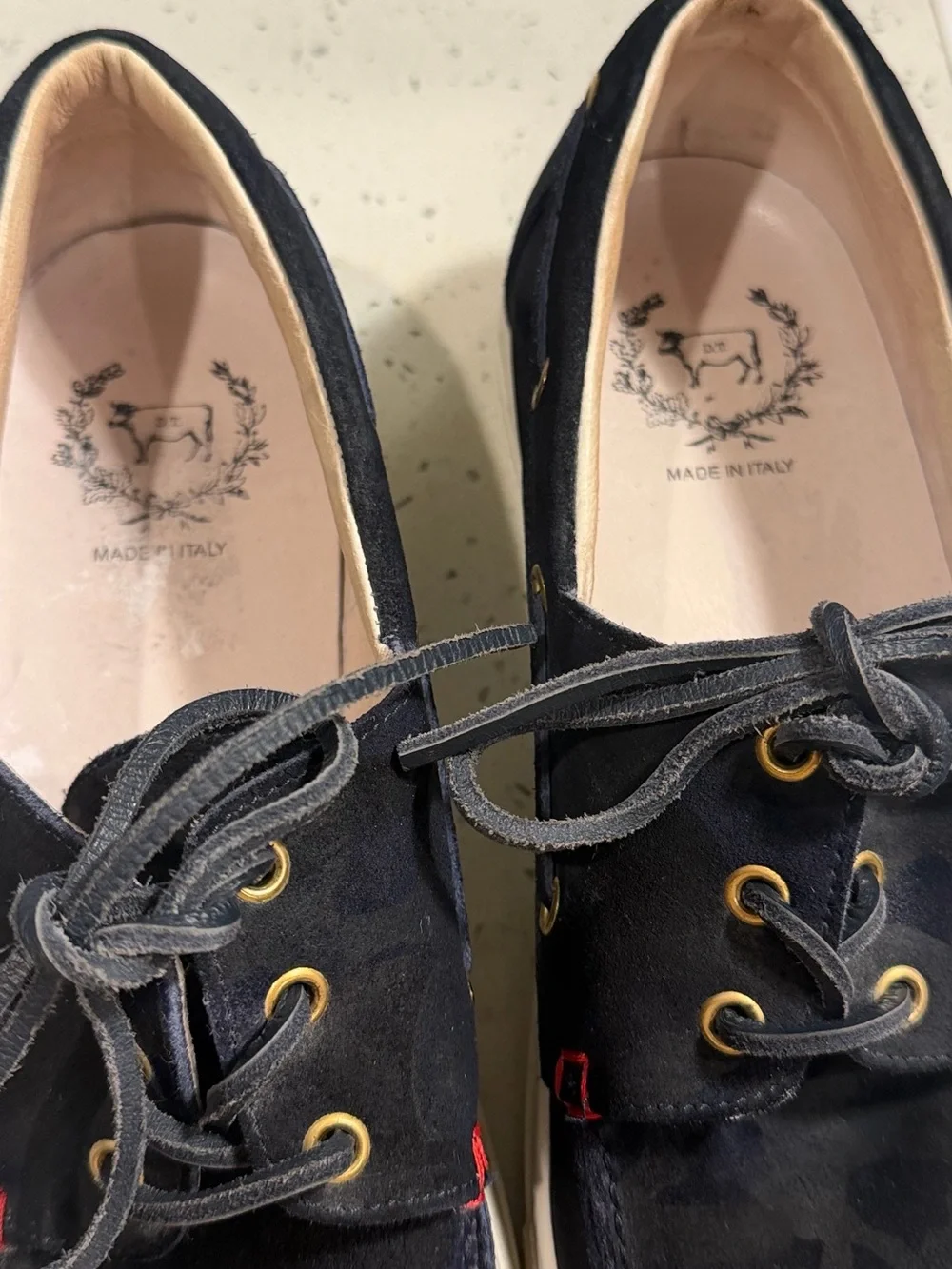 Del Toro Navy Suede Camouflage Boat Shoes with Gold Eyelets